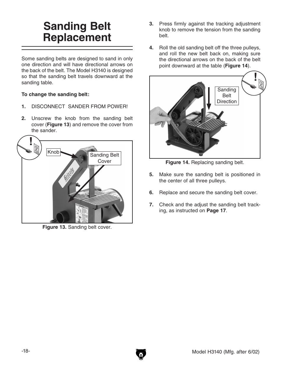 Sanding belt replacement | Grizzly H3140 User Manual | Page 20 / 32