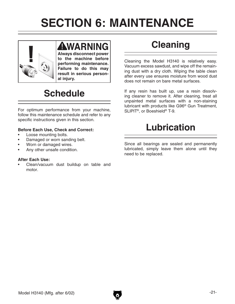 Schedule, Cleaning lubrication | Grizzly H3140 User Manual | Page 23 / 32