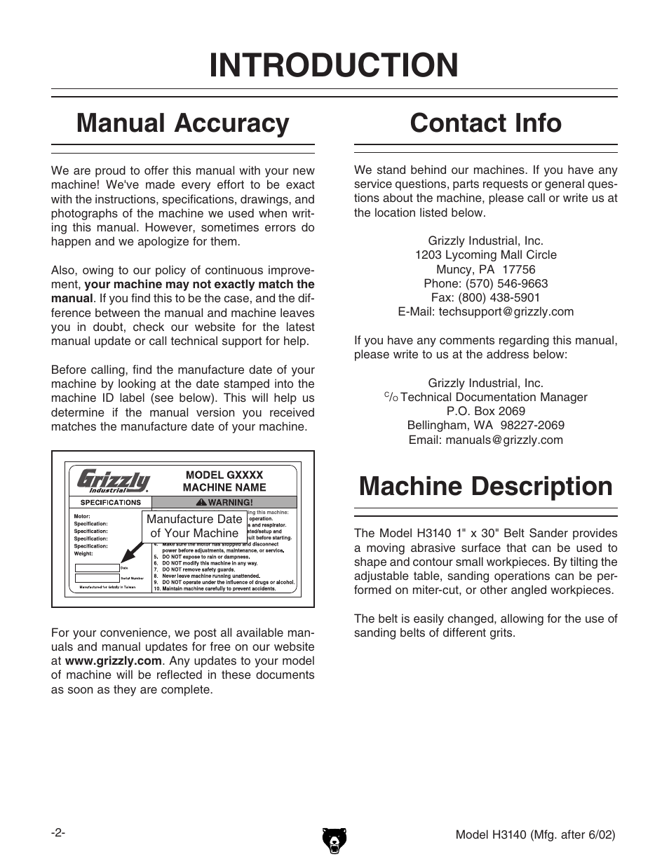 Introduction, Contact info machine description manual accuracy | Grizzly H3140 User Manual | Page 4 / 32