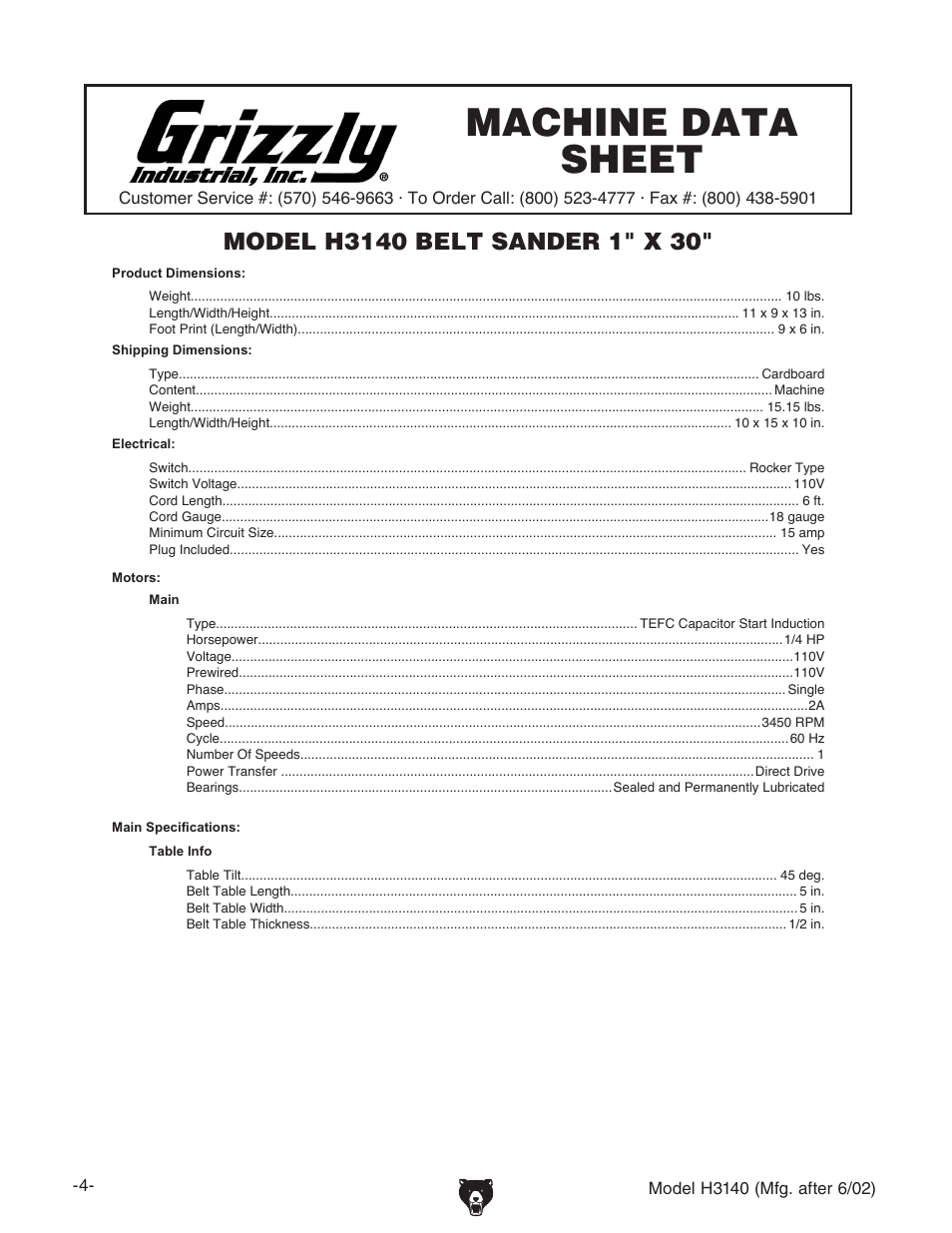 Machine data sheet | Grizzly H3140 User Manual | Page 6 / 32