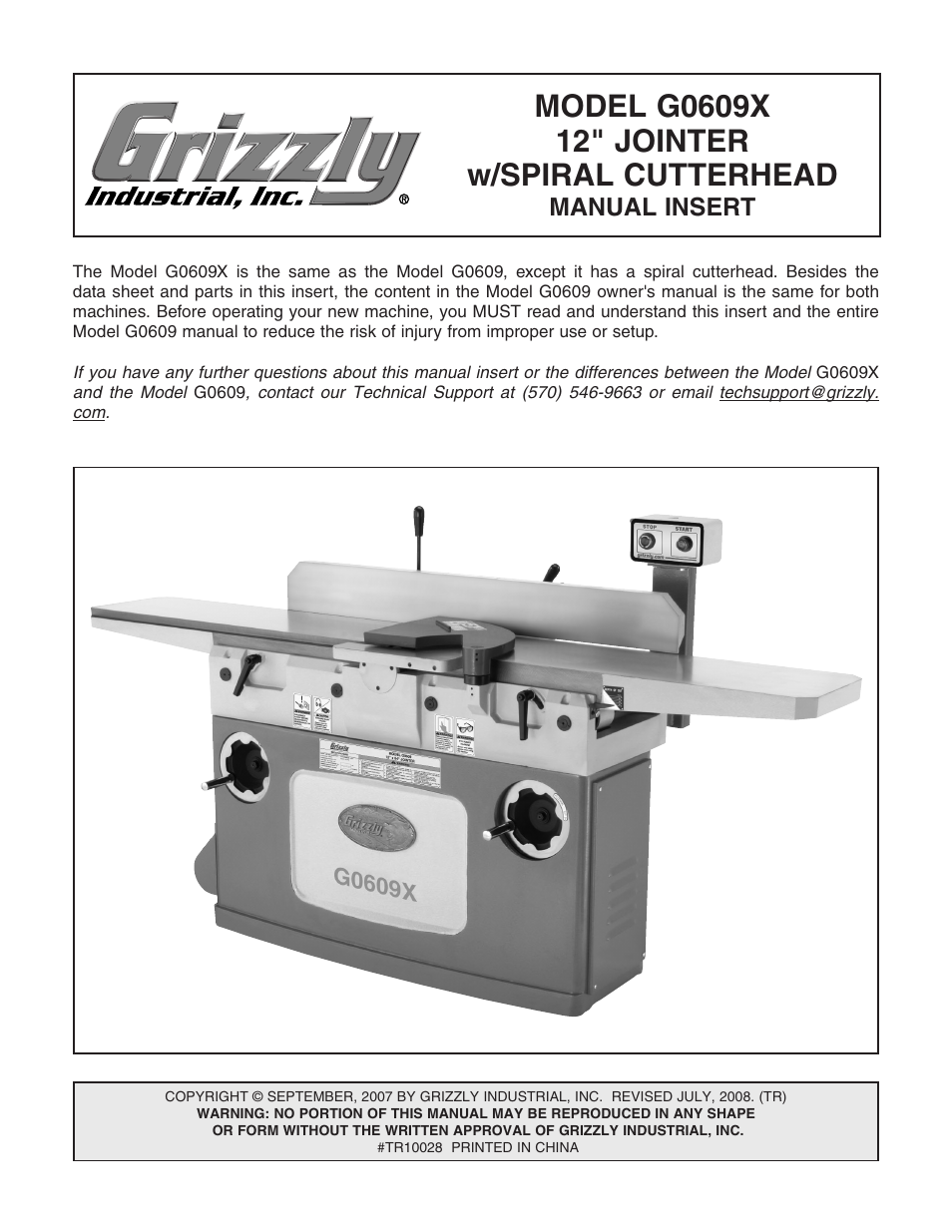 Grizzly 12" Jointer w/spiral cutterhead manual insert g0609X User Manual | 73 pages