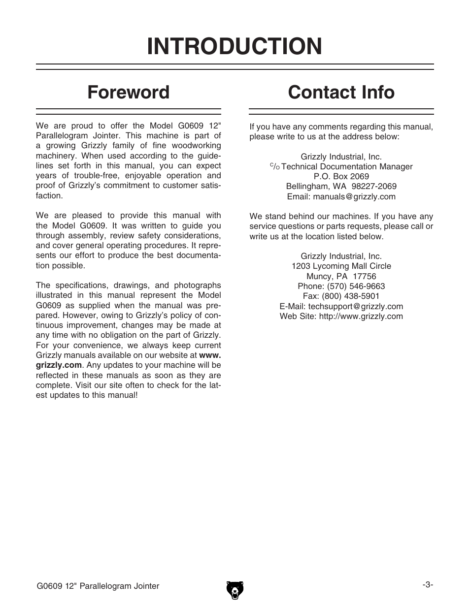 Introduction, Foreword, Contact info | Grizzly 12" Jointer w/spiral cutterhead manual insert g0609X User Manual | Page 18 / 73
