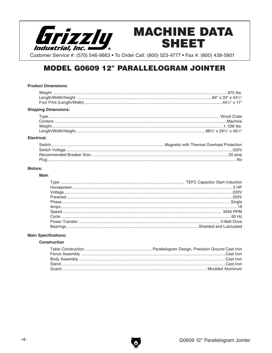 Machine data sheet | Grizzly 12" Jointer w/spiral cutterhead manual insert g0609X User Manual | Page 19 / 73