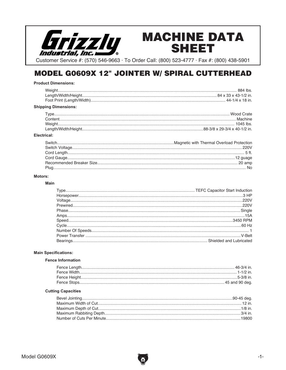 Machine data sheet | Grizzly 12" Jointer w/spiral cutterhead manual insert g0609X User Manual | Page 2 / 73