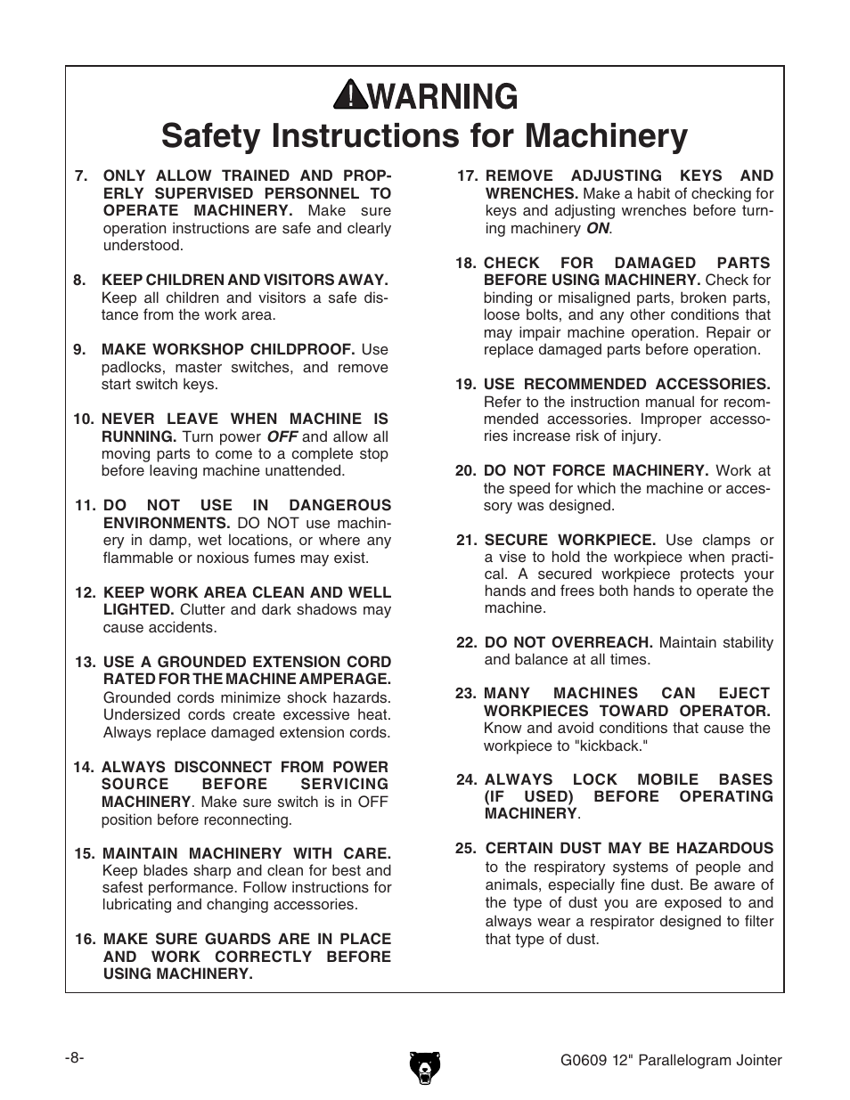 Grizzly 12" Jointer w/spiral cutterhead manual insert g0609X User Manual | Page 23 / 73