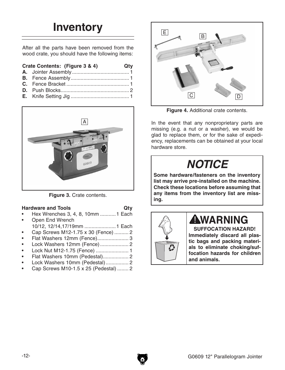 Inventory, Notice | Grizzly 12" Jointer w/spiral cutterhead manual insert g0609X User Manual | Page 27 / 73