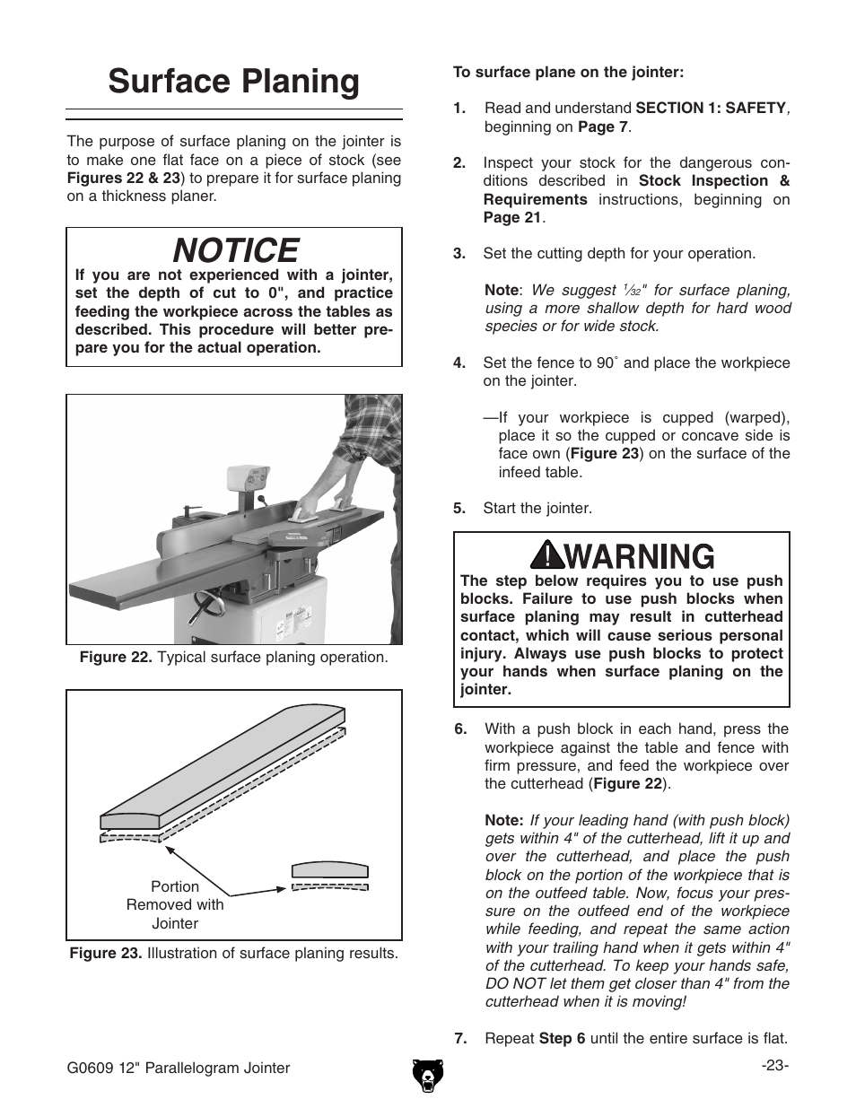 Notice, Surface planing | Grizzly 12" Jointer w/spiral cutterhead manual insert g0609X User Manual | Page 38 / 73