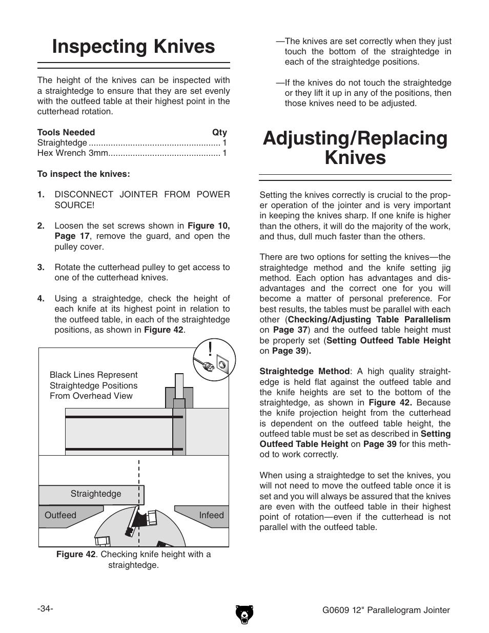 Adjusting/replacing knives inspecting knives | Grizzly 12" Jointer w/spiral cutterhead manual insert g0609X User Manual | Page 49 / 73