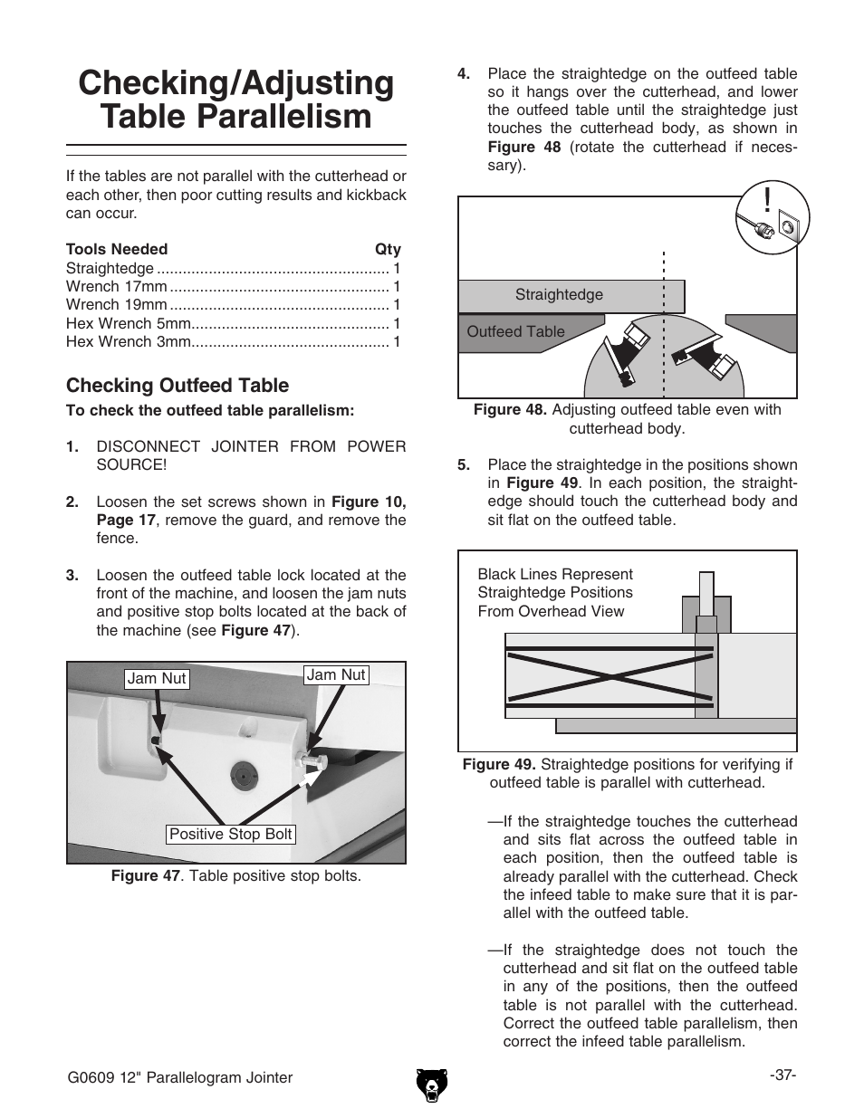 Checking/adjusting table parallelism | Grizzly 12" Jointer w/spiral cutterhead manual insert g0609X User Manual | Page 52 / 73