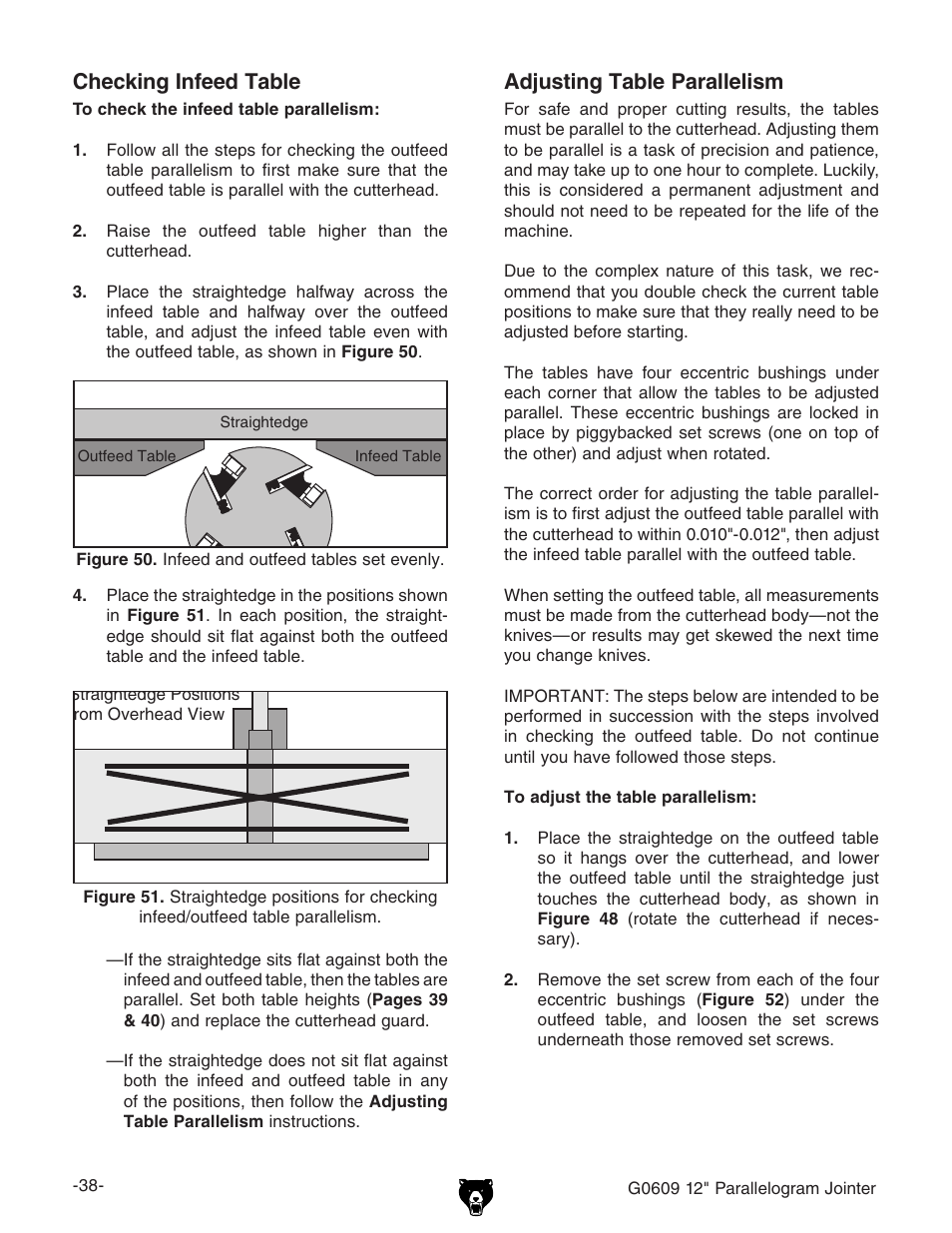 Adjusting table parallelism, Checking infeed table | Grizzly 12" Jointer w/spiral cutterhead manual insert g0609X User Manual | Page 53 / 73