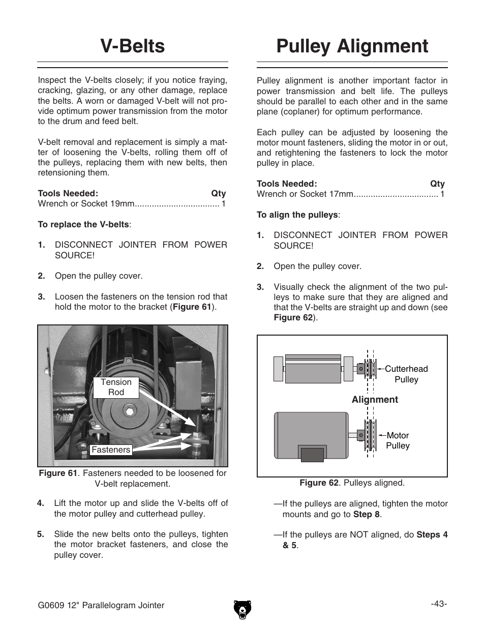 V-belts, Pulley alignment | Grizzly 12" Jointer w/spiral cutterhead manual insert g0609X User Manual | Page 58 / 73