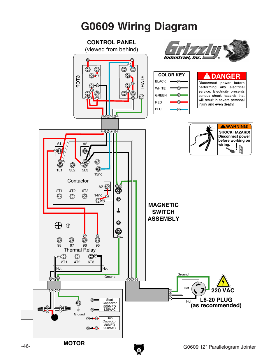 G0609 wiring diagram | Grizzly 12" Jointer w/spiral cutterhead manual insert g0609X User Manual | Page 61 / 73