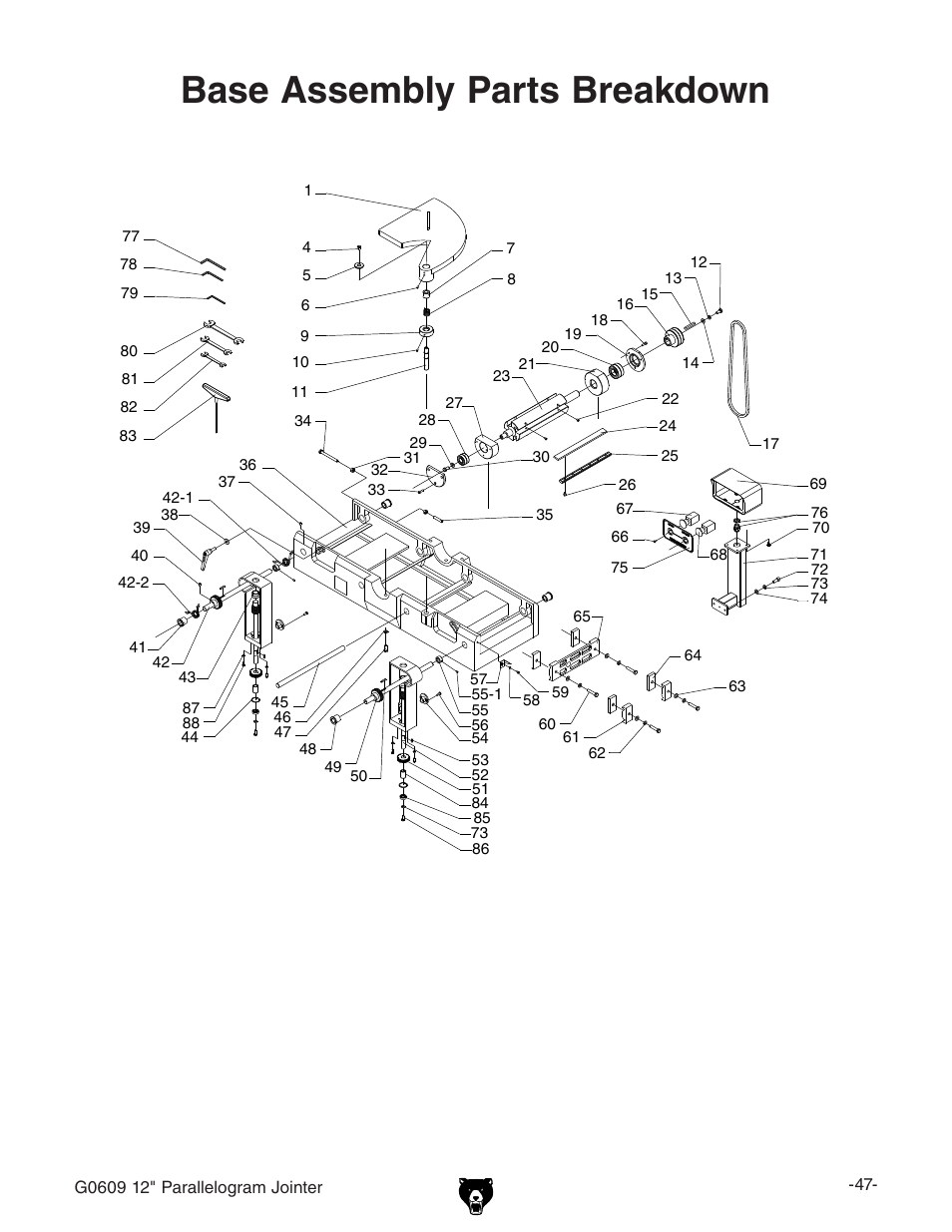 Base assembly parts breakdown | Grizzly 12" Jointer w/spiral cutterhead manual insert g0609X User Manual | Page 62 / 73