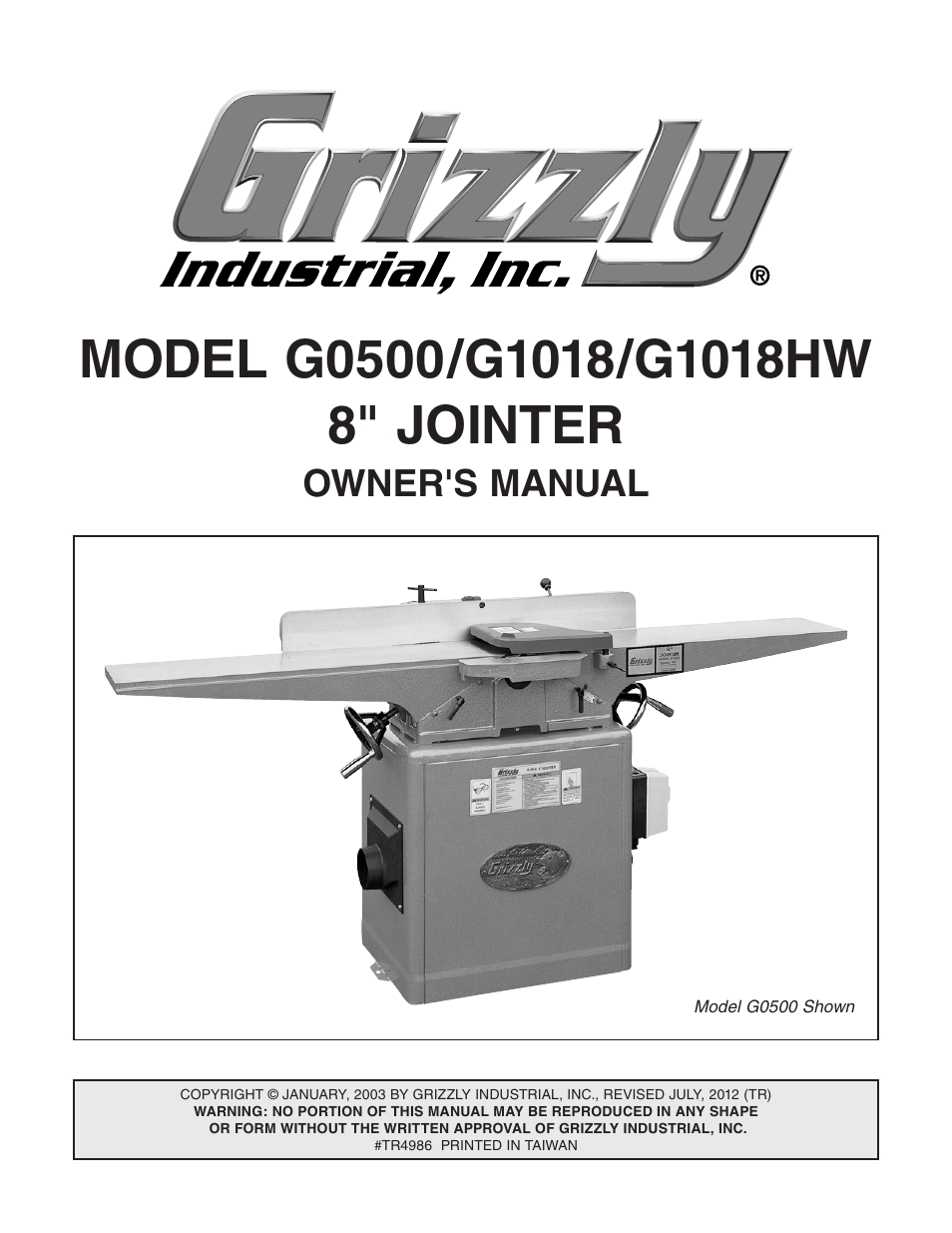 Grizzly 8" Jointer G0500 User Manual | 72 pages