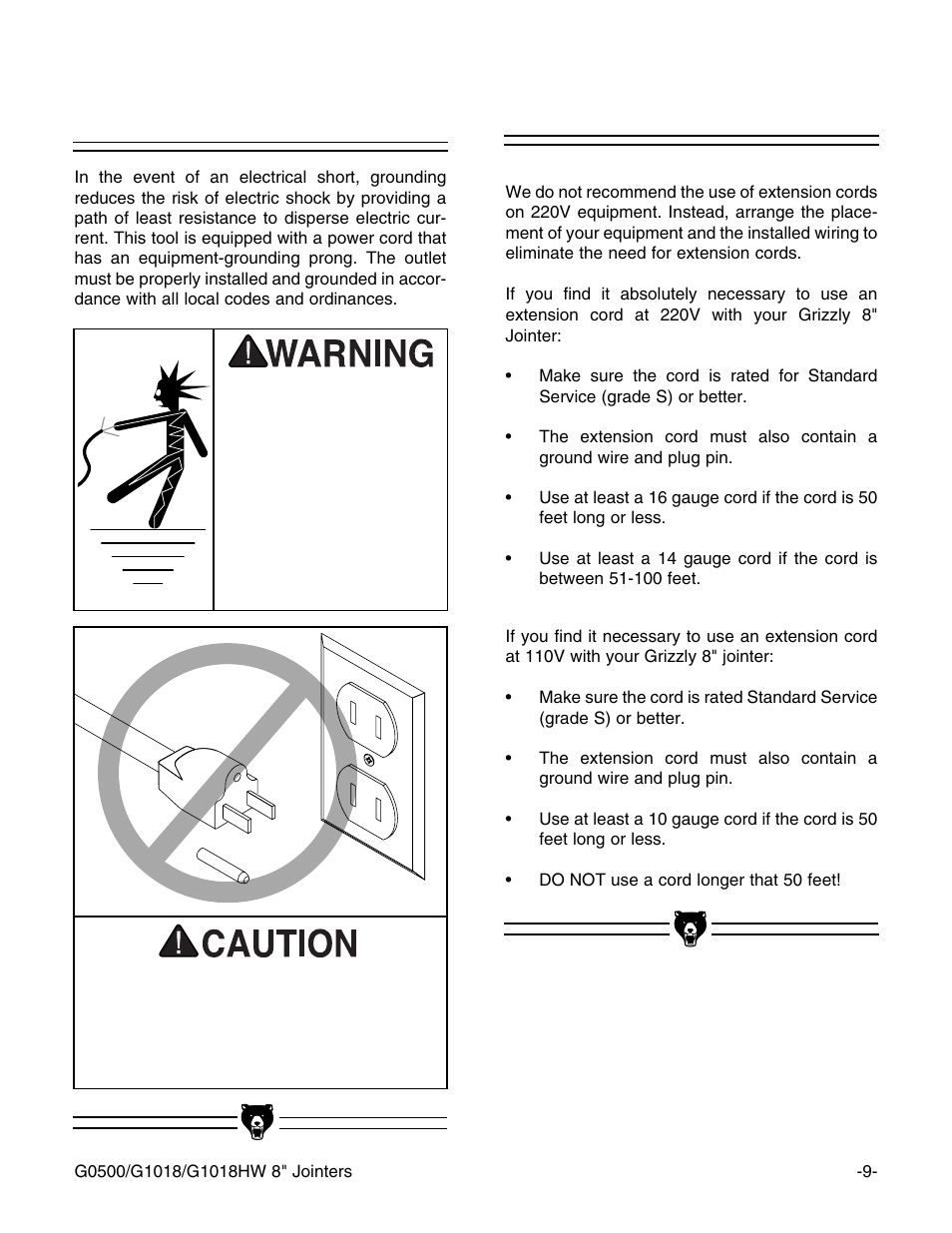 Grounding, Extension cords | Grizzly 8" Jointer G0500 User Manual | Page 11 / 72