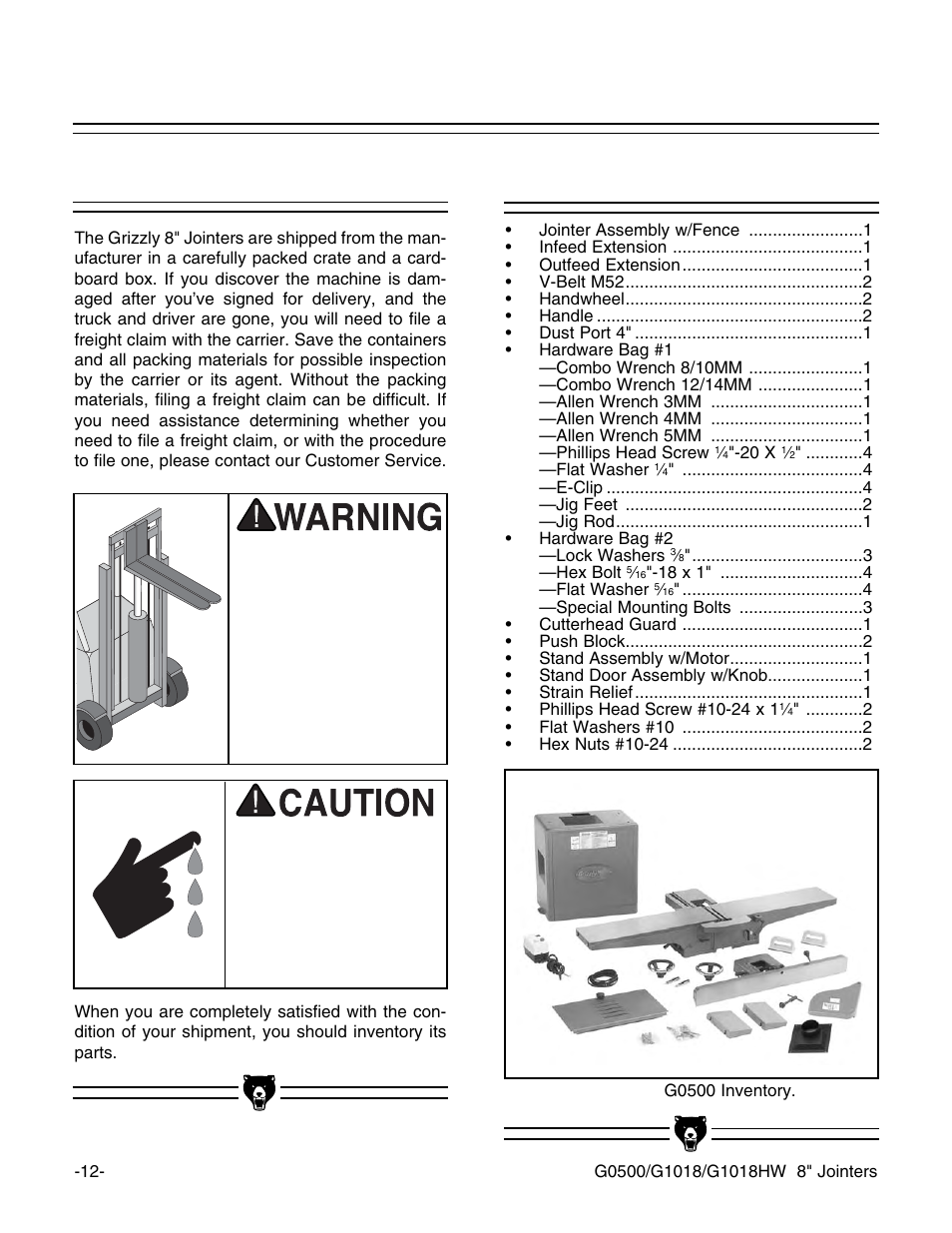 Unpacking, G0500 inventory | Grizzly 8" Jointer G0500 User Manual | Page 14 / 72