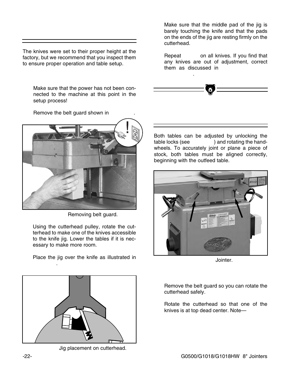 Table alignment, Knife inspection | Grizzly 8" Jointer G0500 User Manual | Page 24 / 72