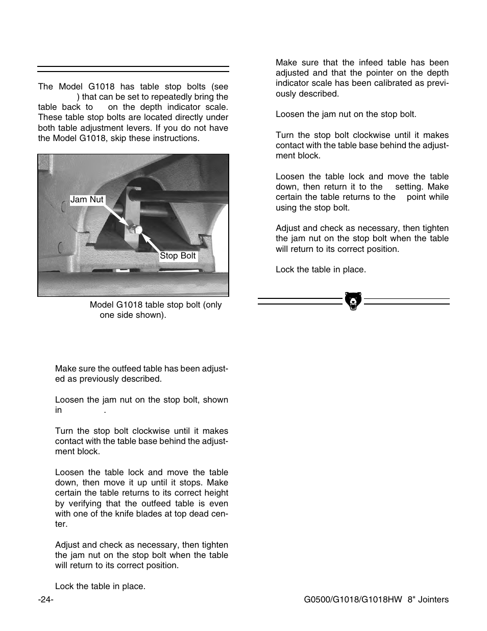 G1018 table stops | Grizzly 8" Jointer G0500 User Manual | Page 26 / 72