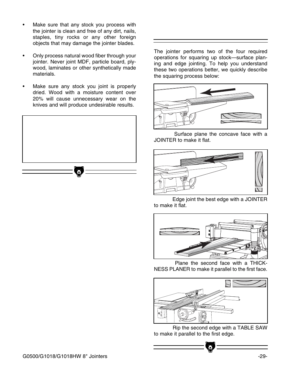 Squaring stock, Notice | Grizzly 8" Jointer G0500 User Manual | Page 31 / 72