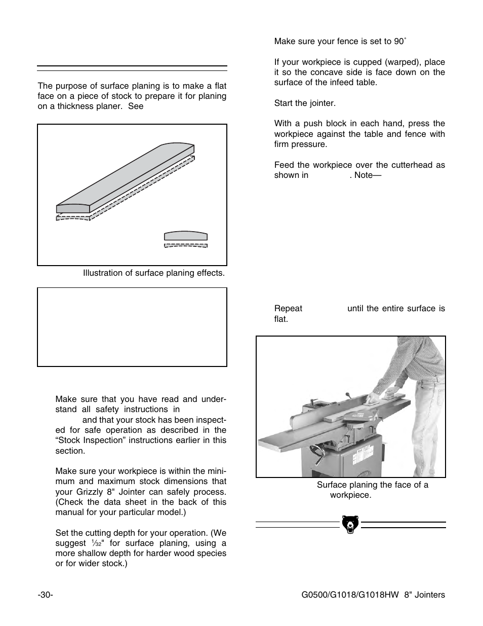 Surface planing, Notice | Grizzly 8" Jointer G0500 User Manual | Page 32 / 72