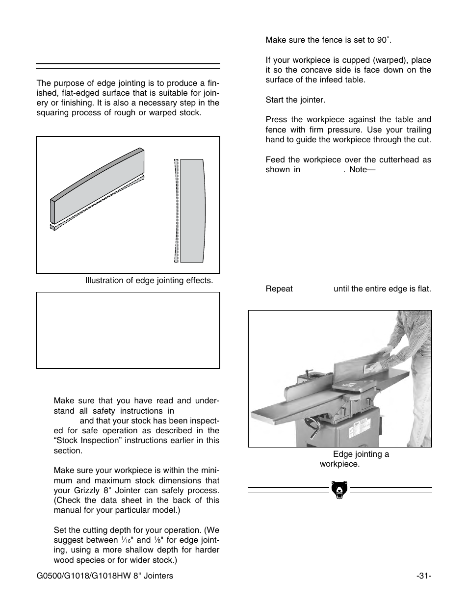 Edge jointing, Notice | Grizzly 8" Jointer G0500 User Manual | Page 33 / 72