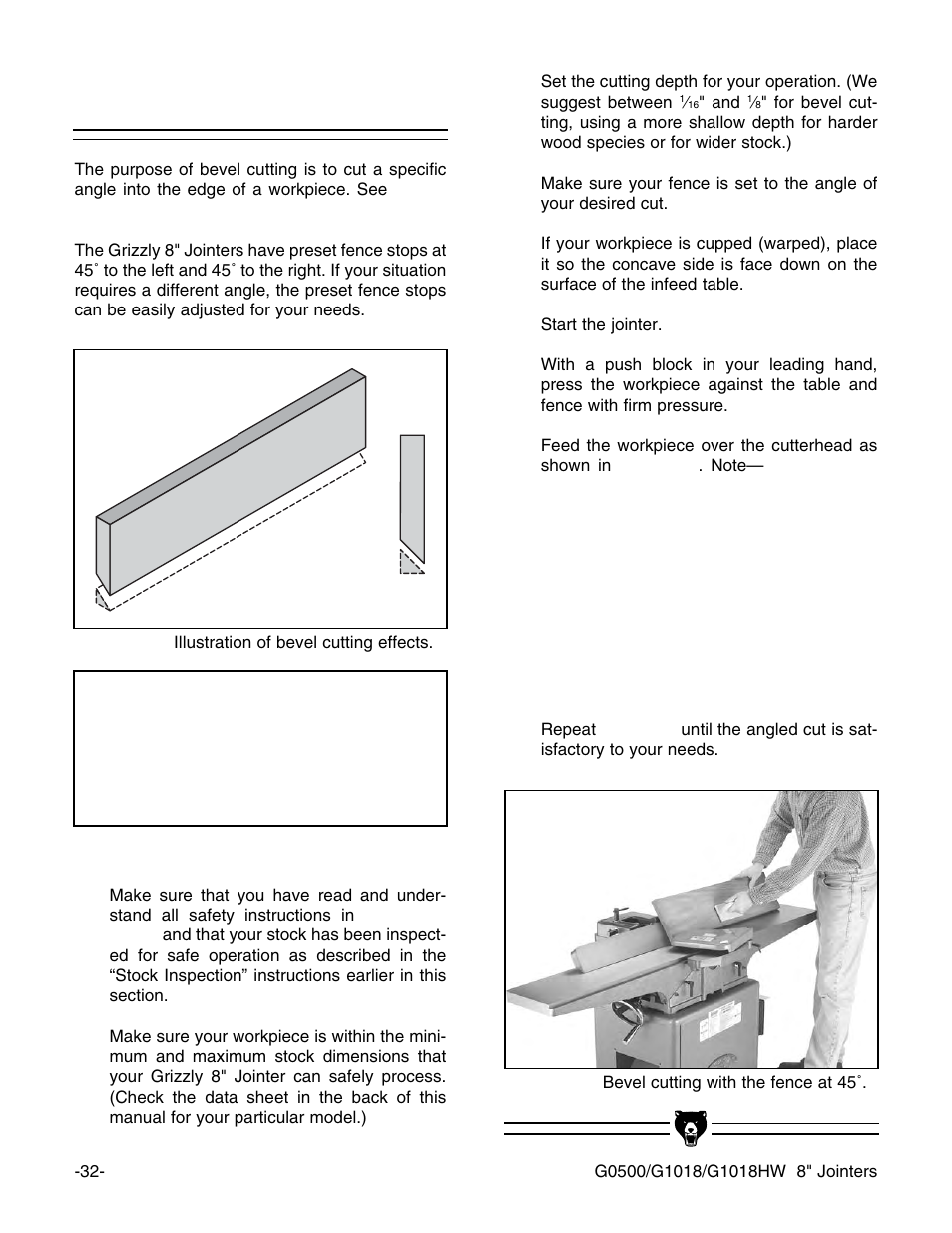 Bevel cutting, Notice | Grizzly 8" Jointer G0500 User Manual | Page 34 / 72