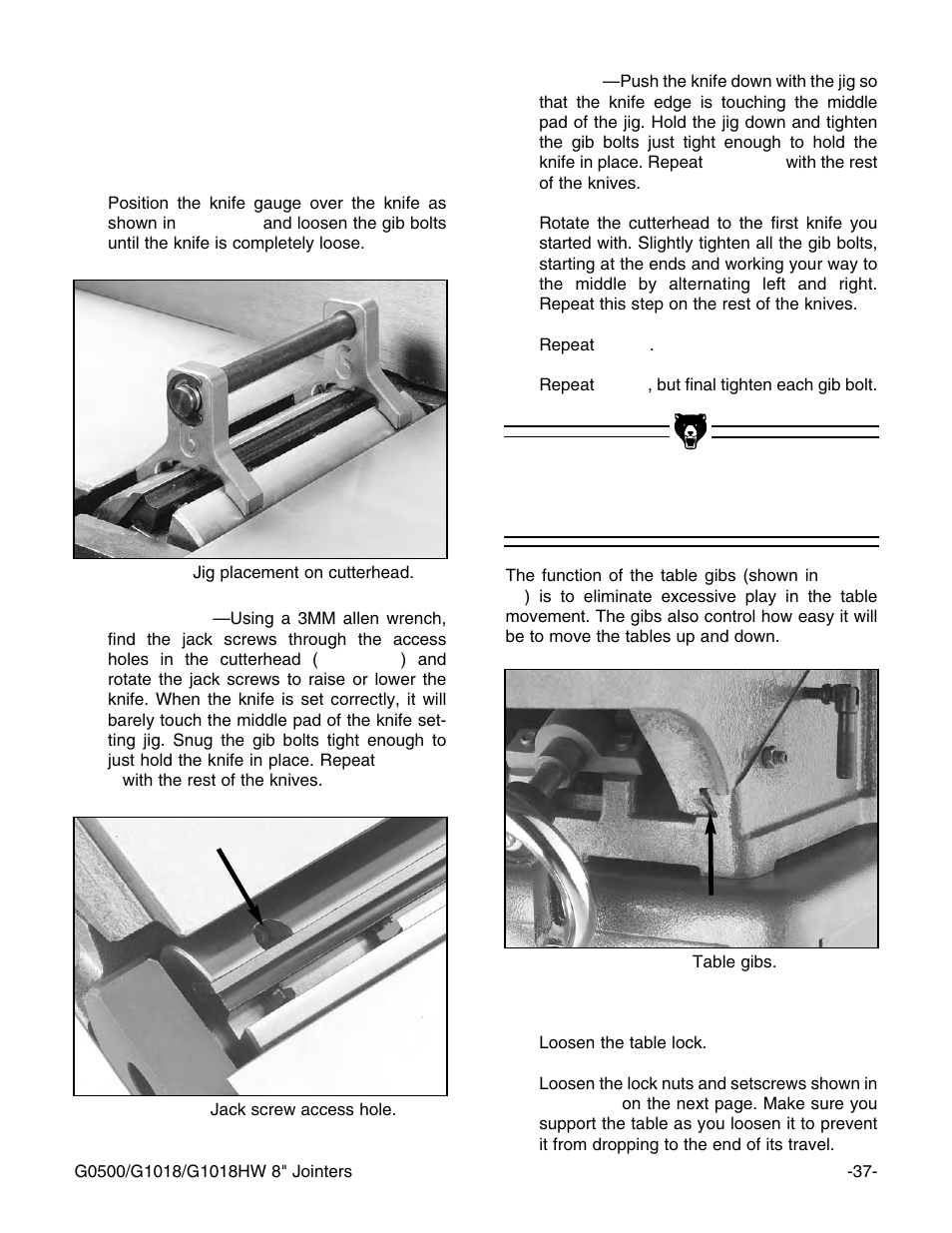 Adjusting gibs | Grizzly 8" Jointer G0500 User Manual | Page 39 / 72