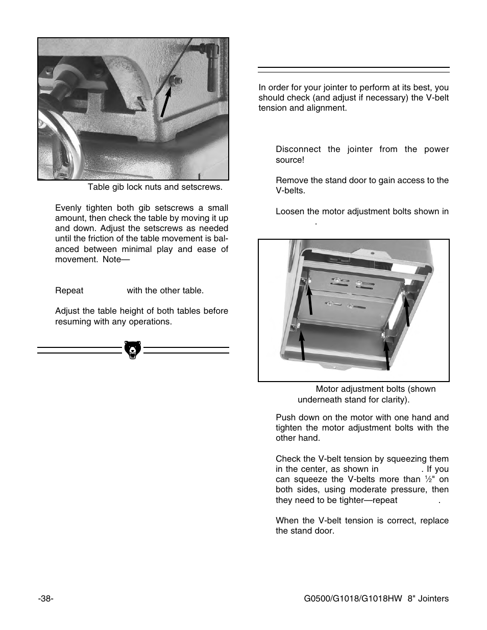 Adjusting v-belts | Grizzly 8" Jointer G0500 User Manual | Page 40 / 72
