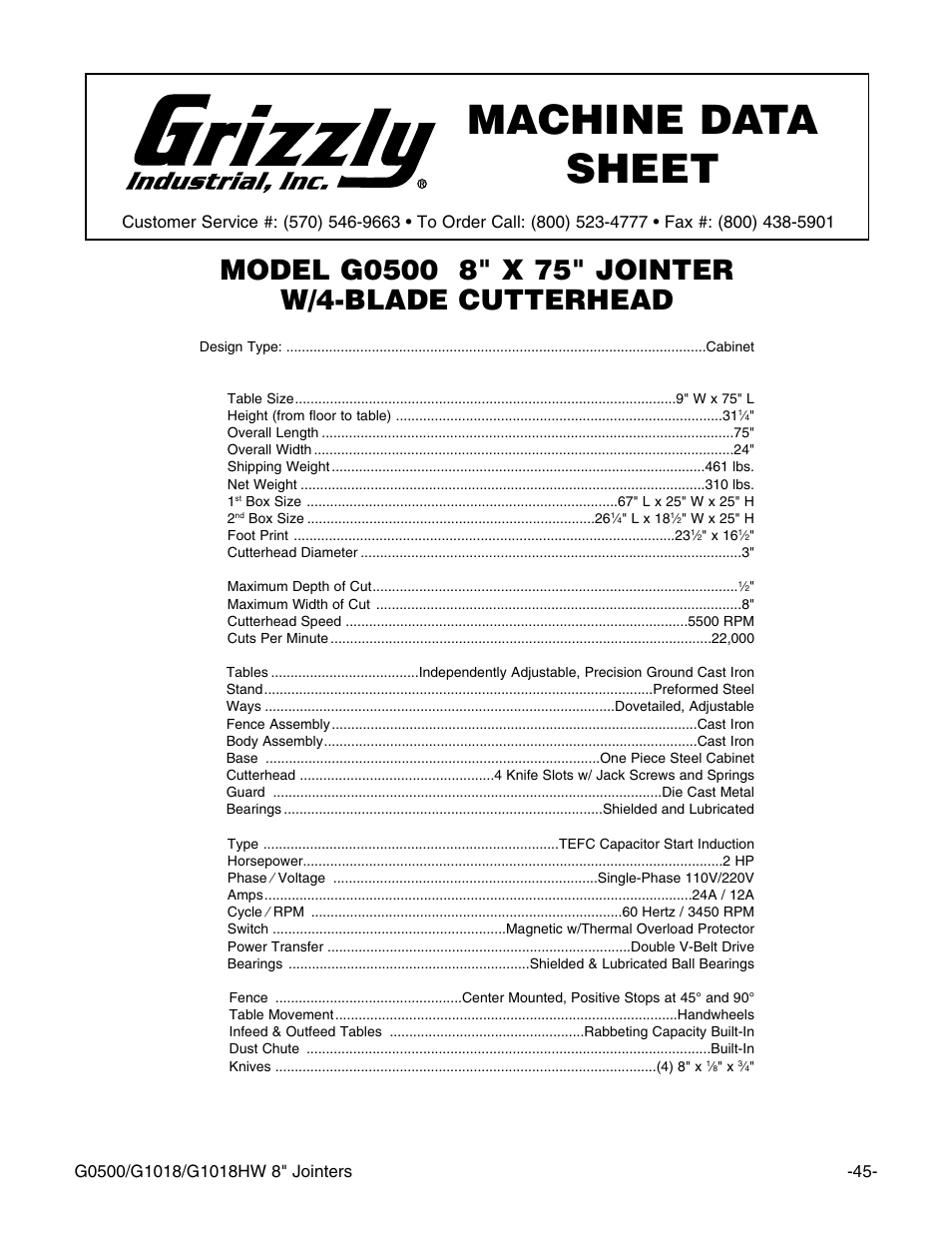 Machine data sheet | Grizzly 8" Jointer G0500 User Manual | Page 47 / 72