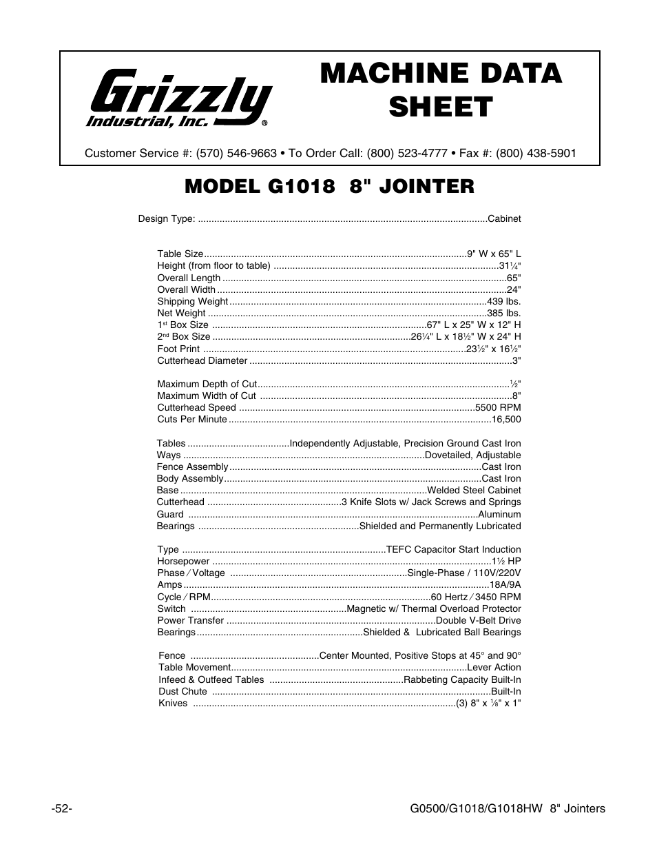 Machine data sheet | Grizzly 8" Jointer G0500 User Manual | Page 54 / 72