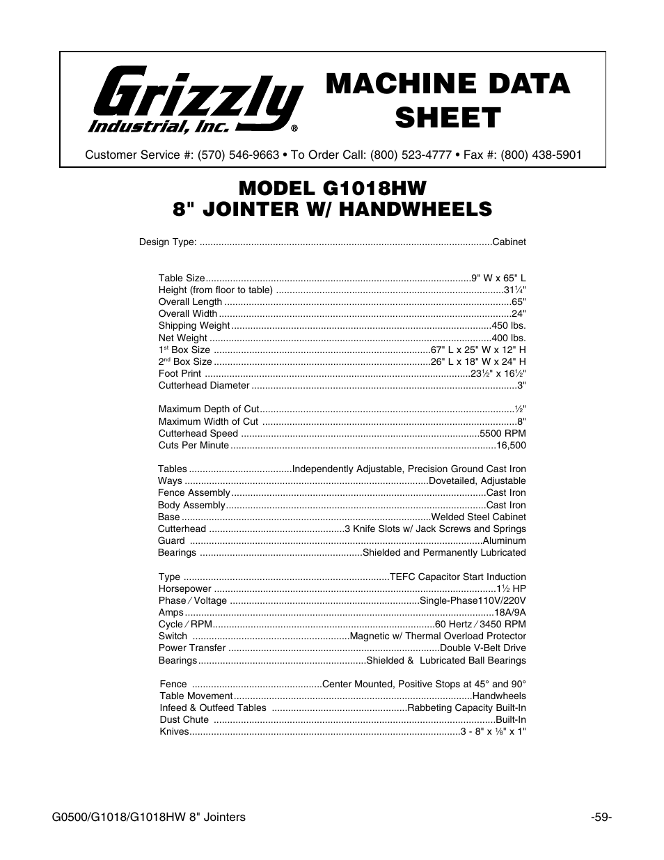 Machine data sheet | Grizzly 8" Jointer G0500 User Manual | Page 61 / 72