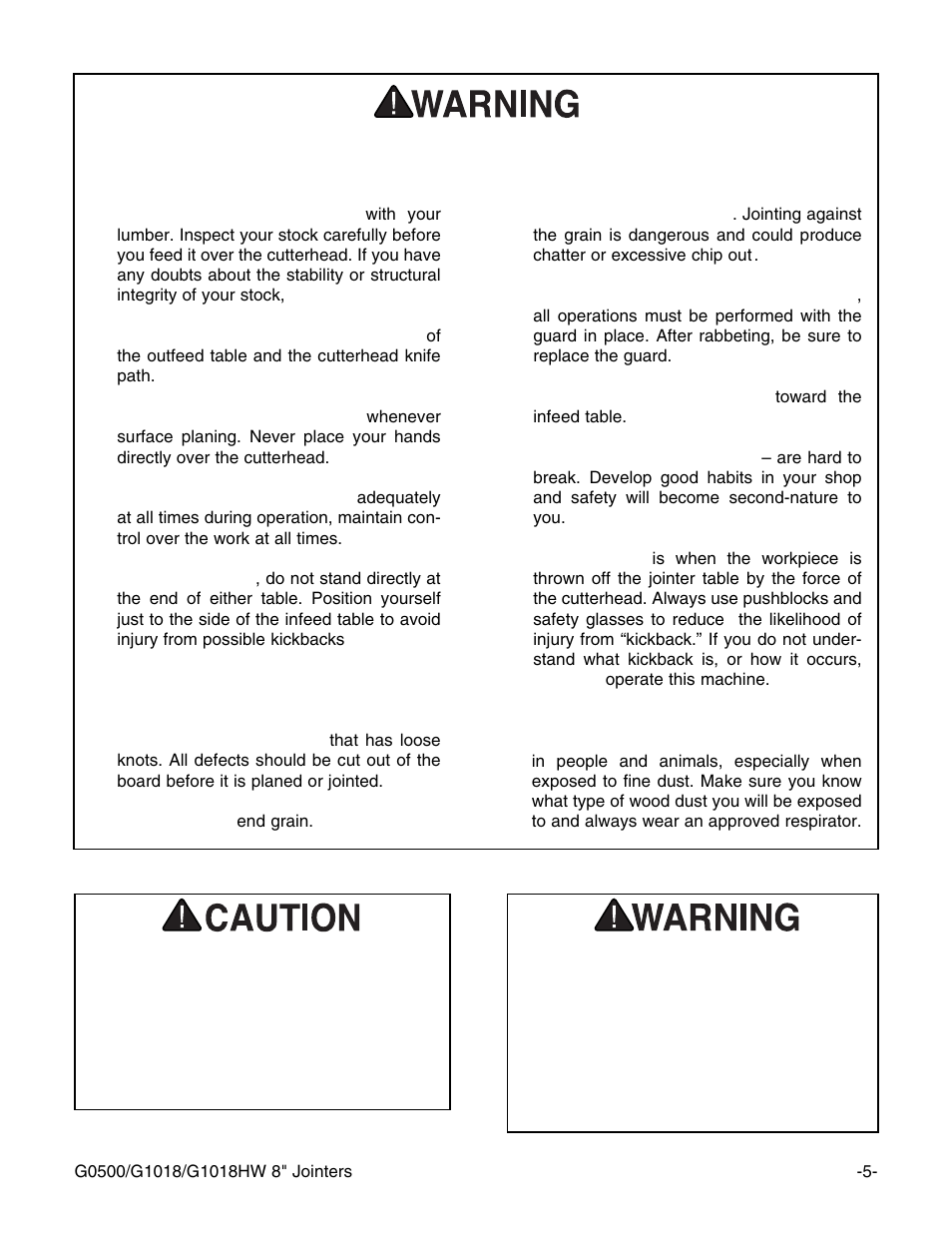 Additional safety instructions for jointers | Grizzly 8" Jointer G0500 User Manual | Page 7 / 72
