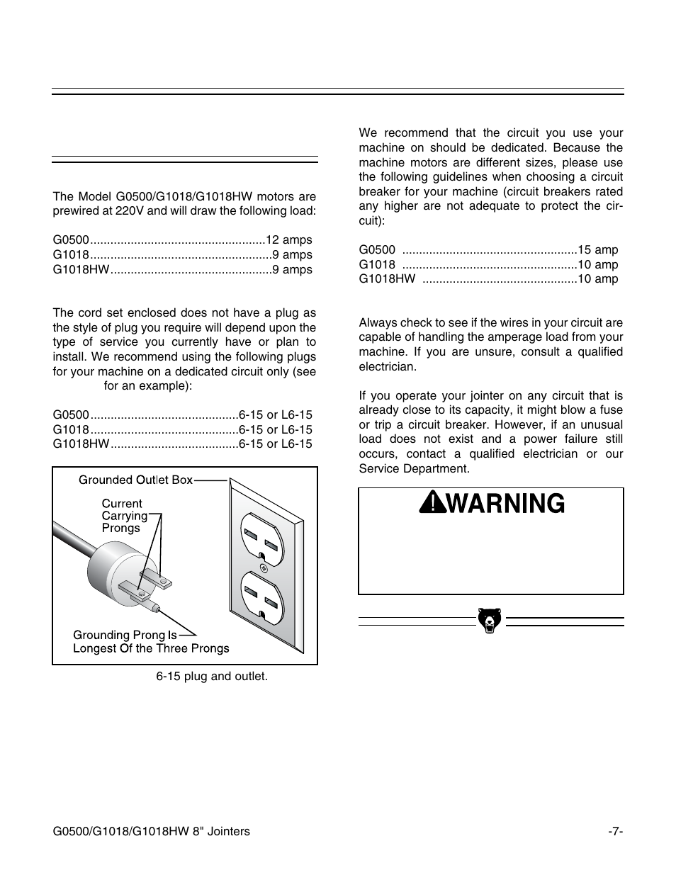 220v operation | Grizzly 8" Jointer G0500 User Manual | Page 9 / 72