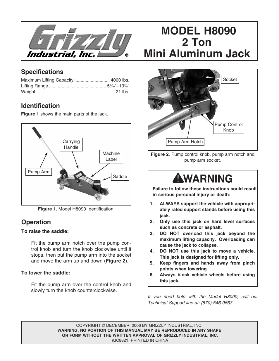Grizzly 2 TON MINI ALUMINUM JACK H8090 User Manual | 4 pages