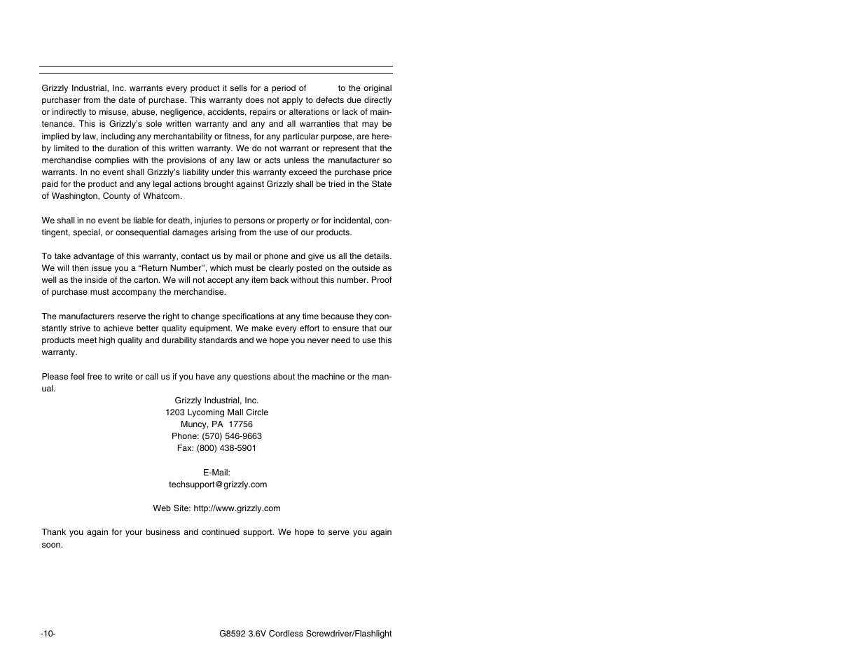 Warranty and returns | Grizzly Model G8592 User Manual | Page 10 / 12