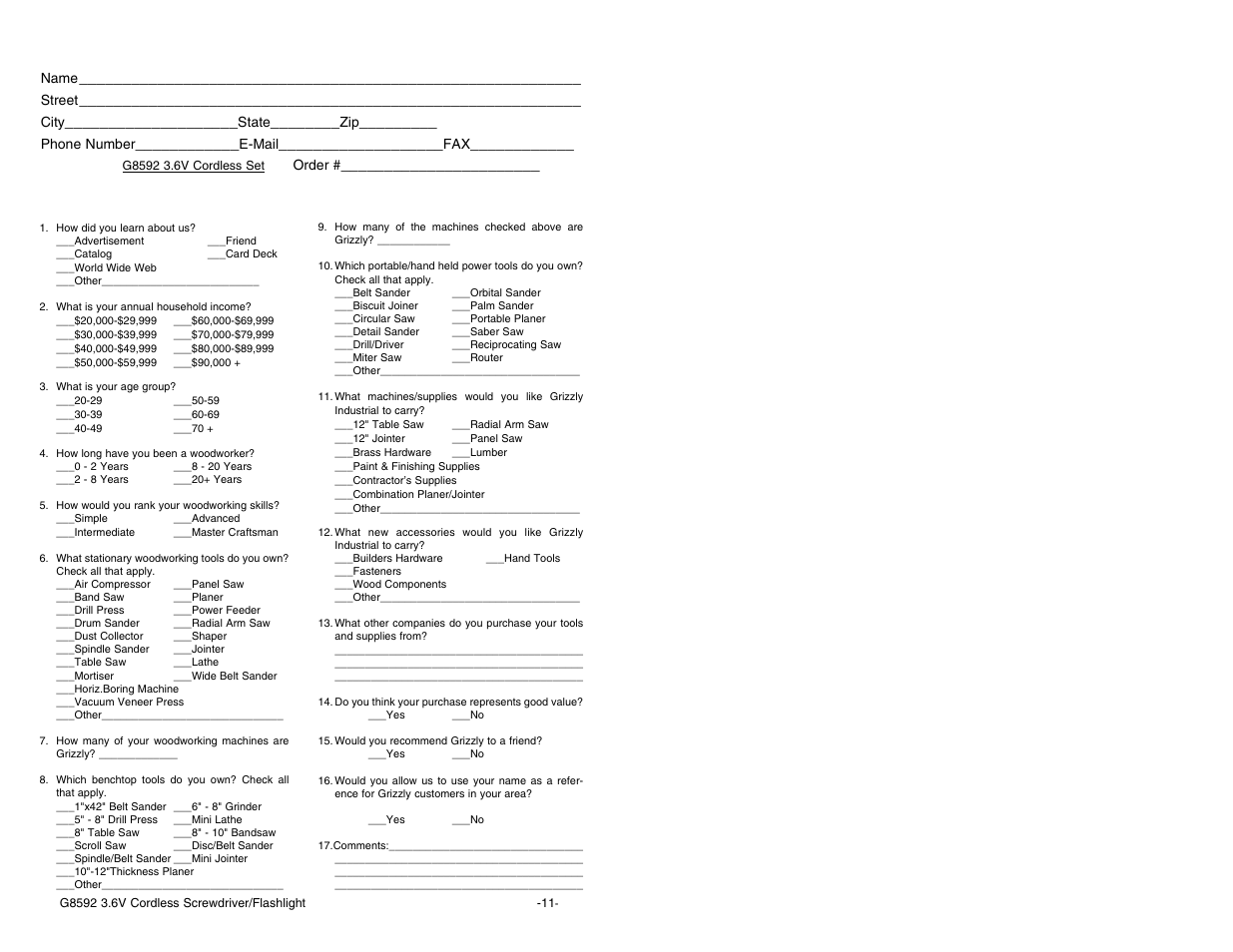 Warranty card | Grizzly Model G8592 User Manual | Page 11 / 12