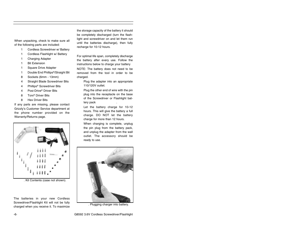Before you start, Unpacking, Initial charging | Grizzly Model G8592 User Manual | Page 6 / 12
