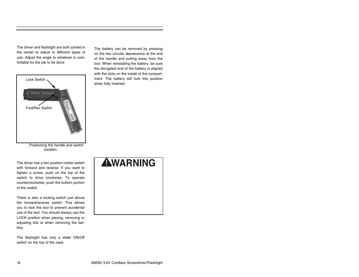 Operation, Removing battery from tool, Handle position and switch | Grizzly Model G8592 User Manual | Page 8 / 12