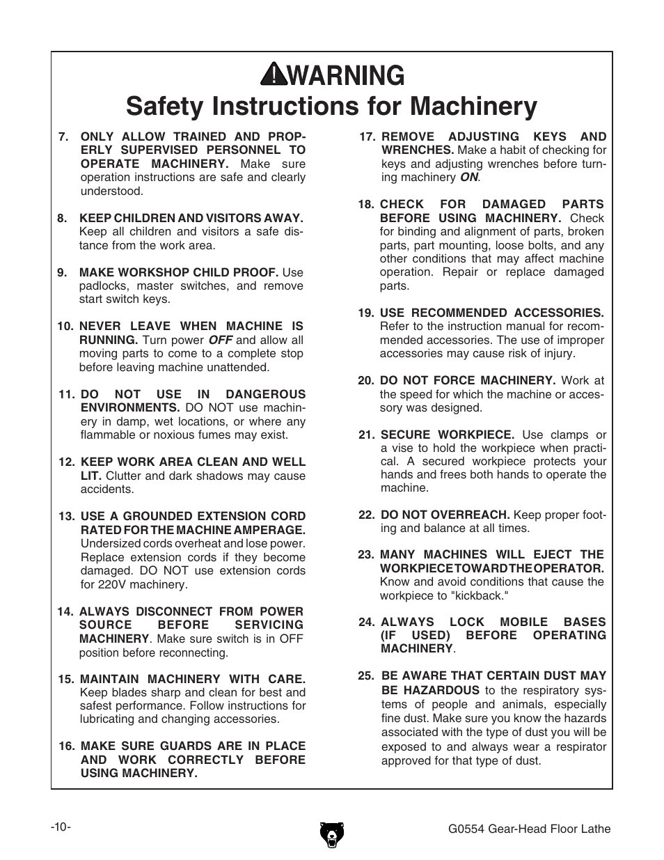 Grizzly G0554 User Manual | Page 12 / 92