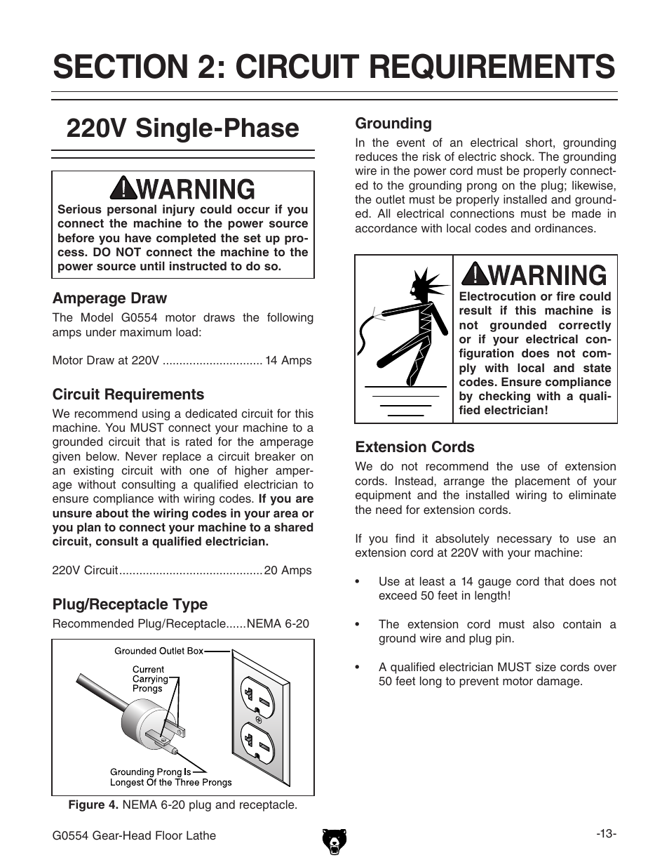 220v single-phase | Grizzly G0554 User Manual | Page 15 / 92