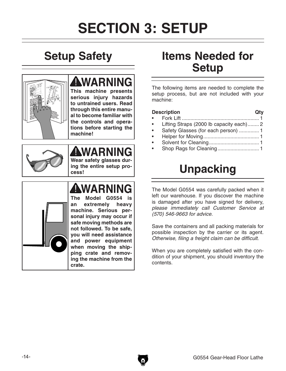 Unpacking setup safety, Items needed for setup | Grizzly G0554 User Manual | Page 16 / 92