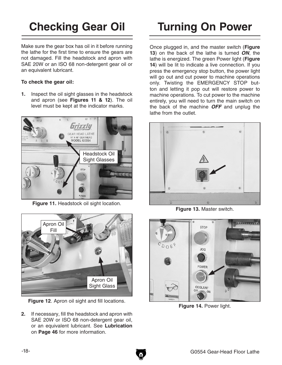 Turning on power, Checking gear oil | Grizzly G0554 User Manual | Page 20 / 92