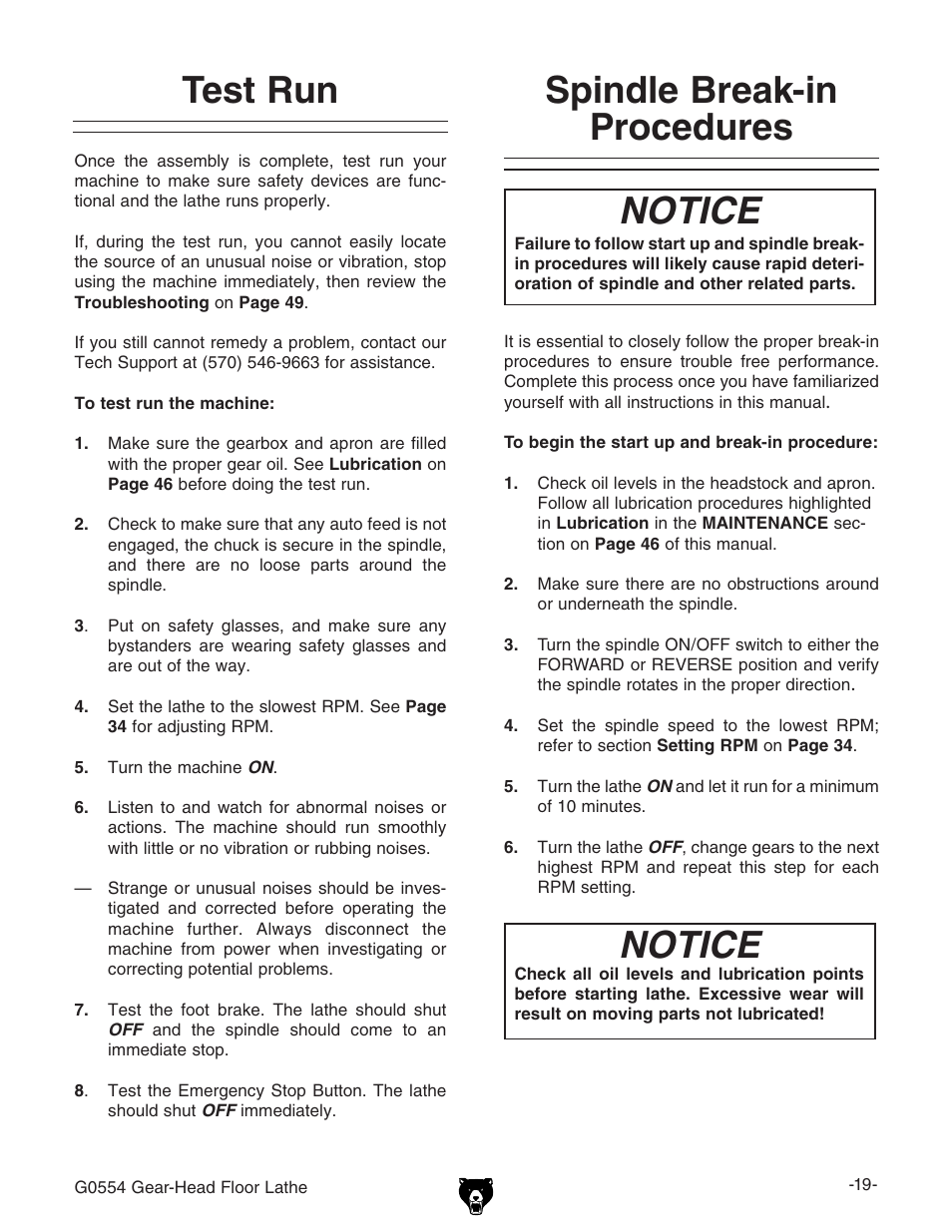 Test run, Spindle break-in procedures, Notice | Grizzly G0554 User Manual | Page 21 / 92