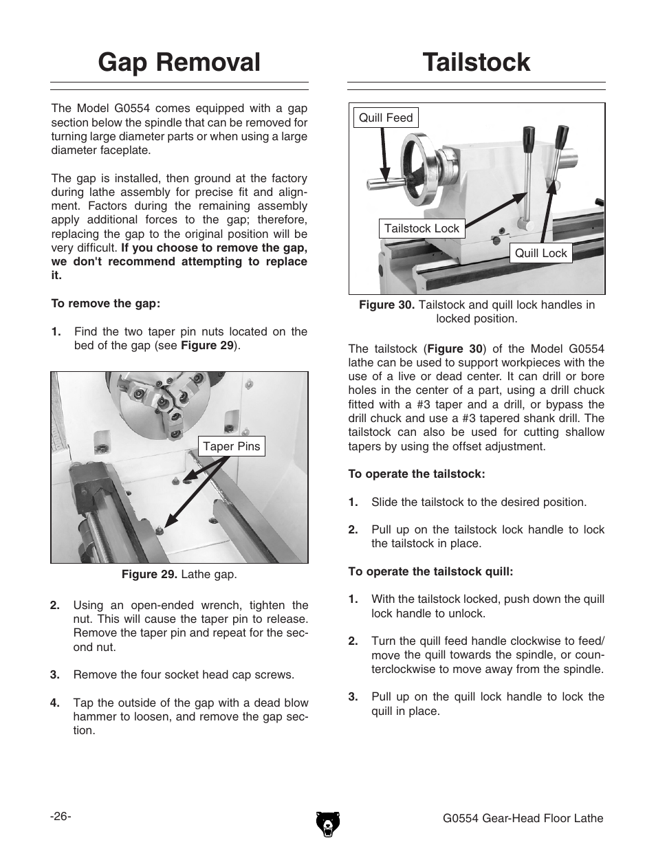 Gap removal, Tailstock | Grizzly G0554 User Manual | Page 28 / 92