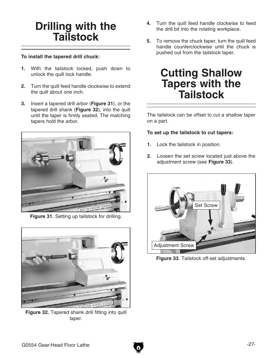 Drilling with the tailstock, Cutting shallow tapers with the tailstock | Grizzly G0554 User Manual | Page 29 / 92