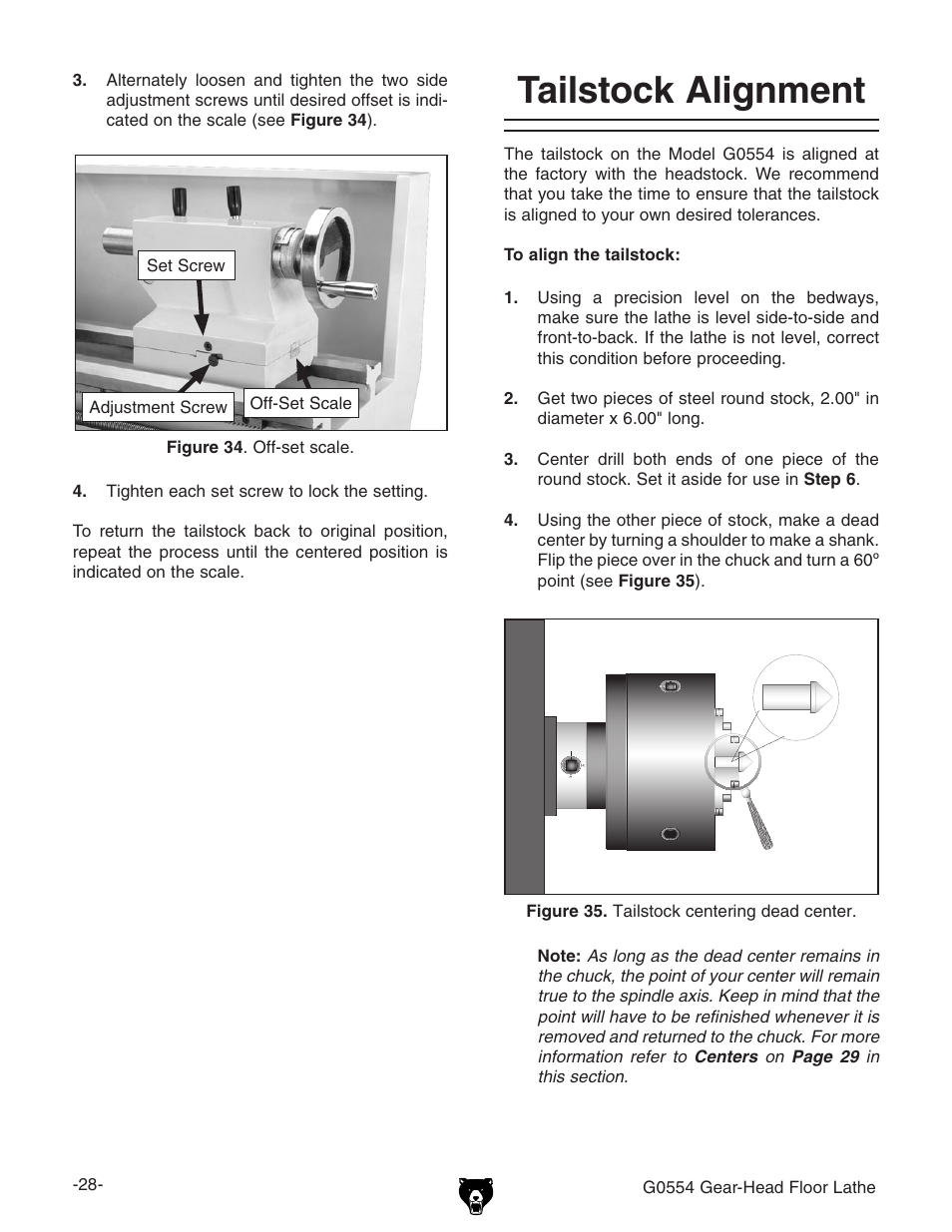 Tailstock alignment | Grizzly G0554 User Manual | Page 30 / 92