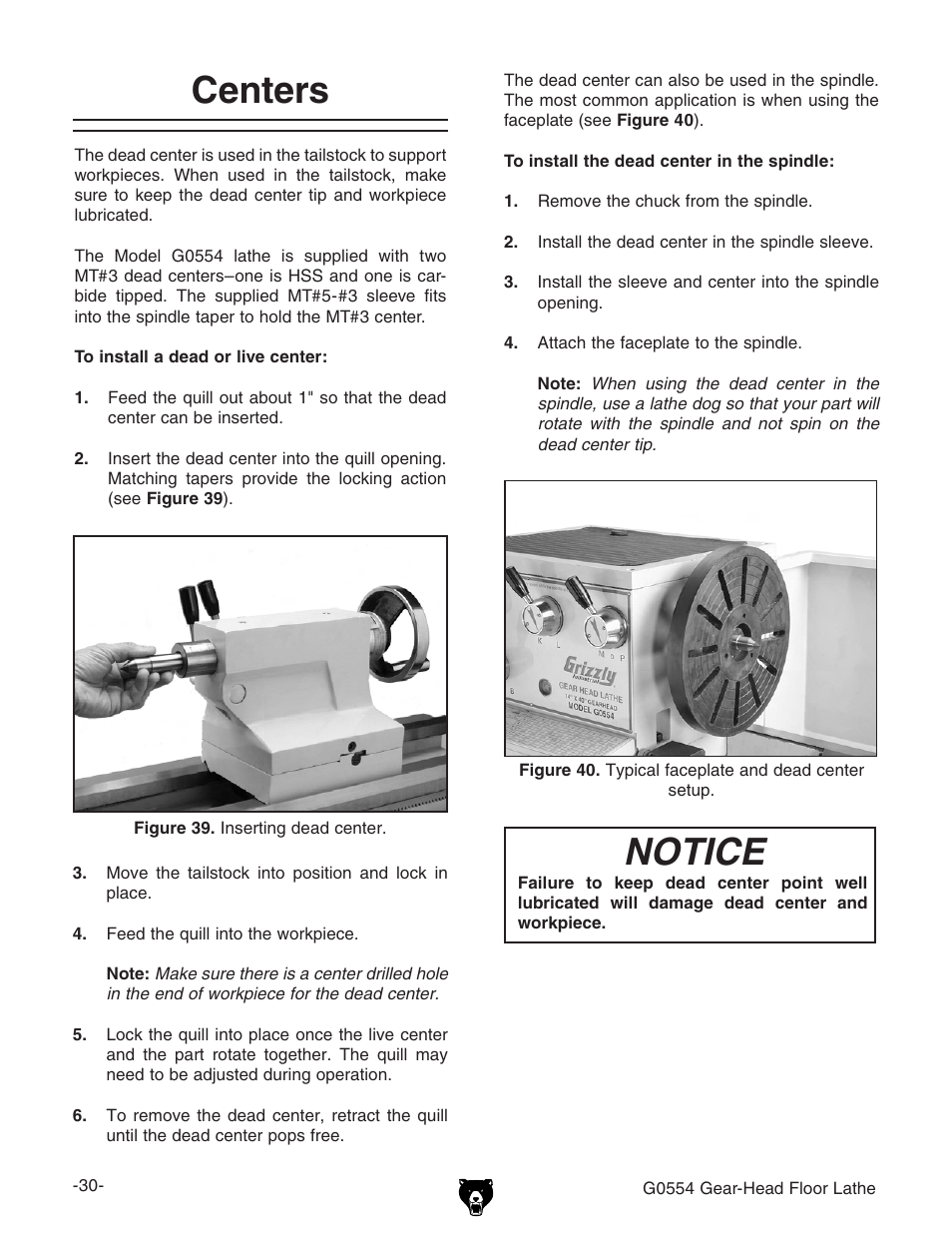 Centers, Notice | Grizzly G0554 User Manual | Page 32 / 92