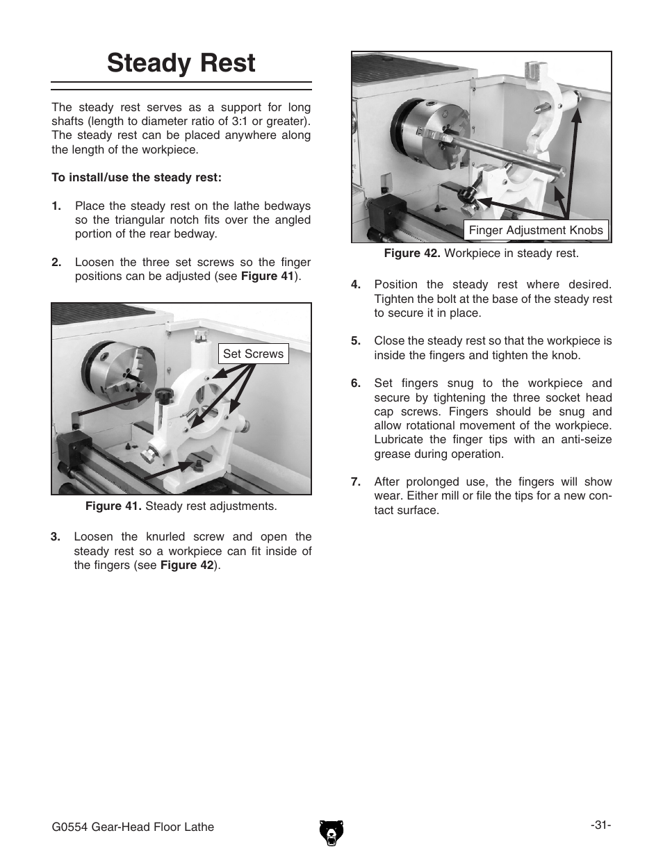 Steady rest | Grizzly G0554 User Manual | Page 33 / 92
