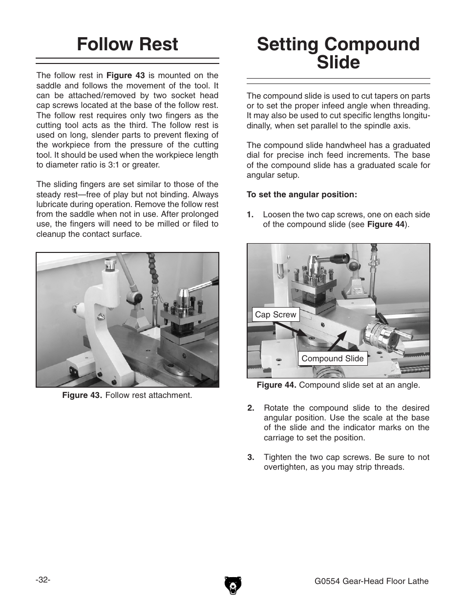 Follow rest, Setting compound slide | Grizzly G0554 User Manual | Page 34 / 92