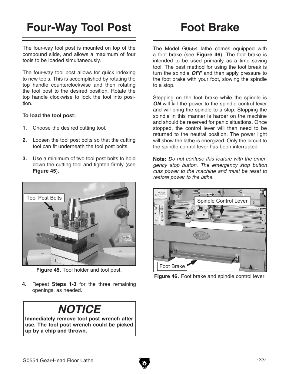 Four-way tool post, Notice, Foot brake | Grizzly G0554 User Manual | Page 35 / 92